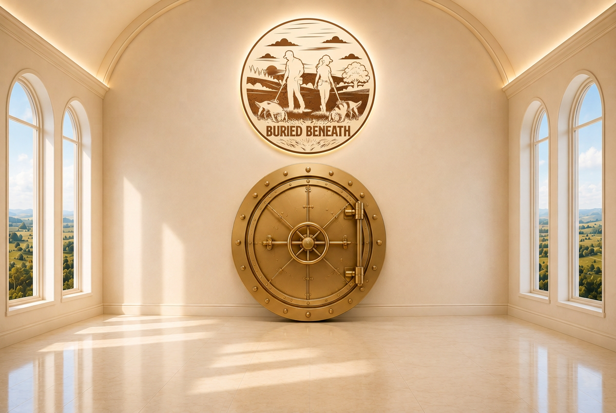 The Buried Beneath vault room — an elegant cream chamber with a golden vault door and the Buried Beneath emblem
